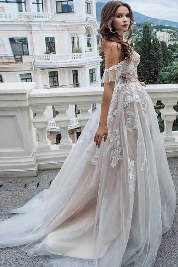 Roycebridal Vintage Lace A-line Sweetheart Off-the-Shoulder Beach Wedding Dresses, MW735