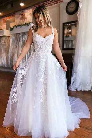 Roycebridal White Tulle A-line Long Wedding Dresses With Lace Appliques, Bridal Gown, MW629