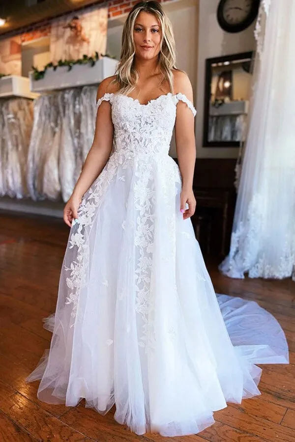 Roycebridal White Tulle A-line Long Wedding Dresses With Lace Appliques, Bridal Gown, MW629