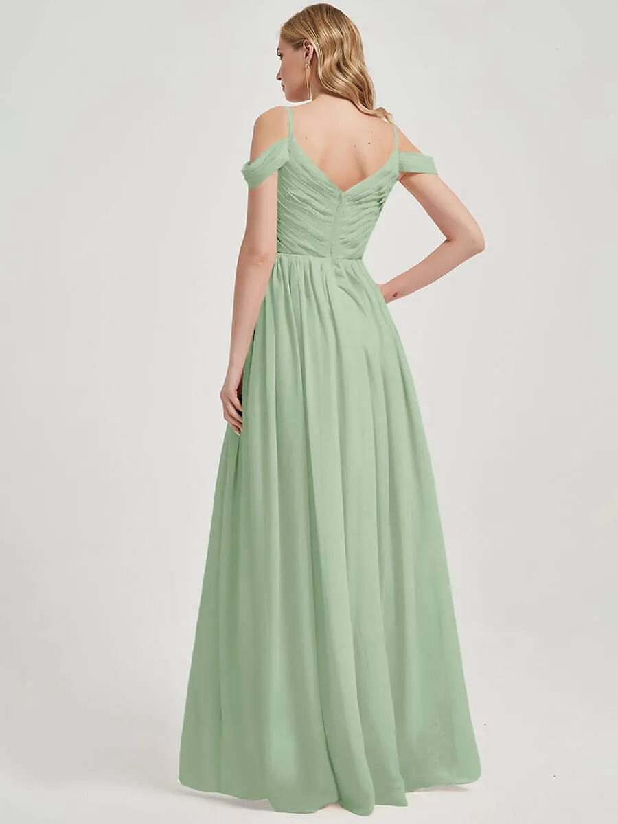 Sage Green Spaghetti Straps Pleated Chiffon Maxi Bridesmaid Dress