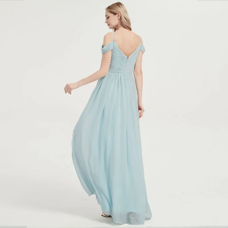 Sage Green Spaghetti Straps Pleated Chiffon Maxi Bridesmaid Dress