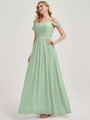 Sage Green Spaghetti Straps Pleated Chiffon Maxi Bridesmaid Dress