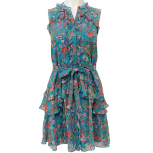 Saloni Turquoise Multi Floral Tilly Ruffle Belted Dress