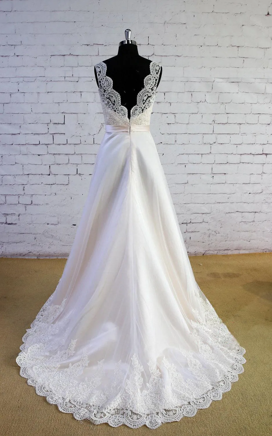 Satin and Lace V-Neck Dress With Lace Hemline and Satin Sash