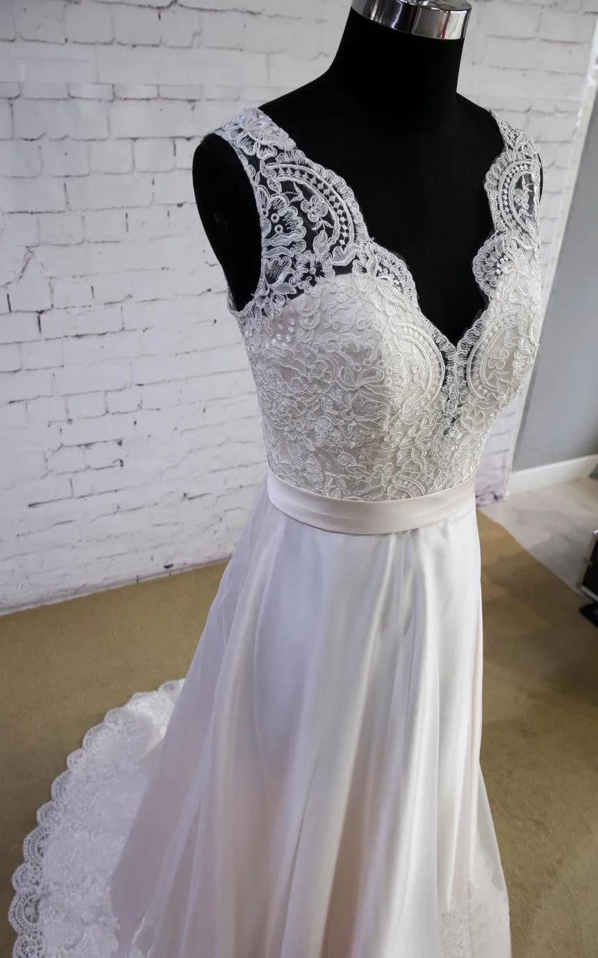 Satin and Lace V-Neck Dress With Lace Hemline and Satin Sash