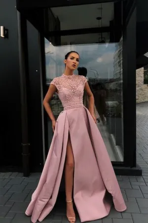Satin Beads Pearls Prom Gown with Illusion Cap Sleeves
