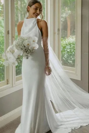 Satin Mermaid Halter Neck Backless Modest Simple Wedding Dresses, MW1042