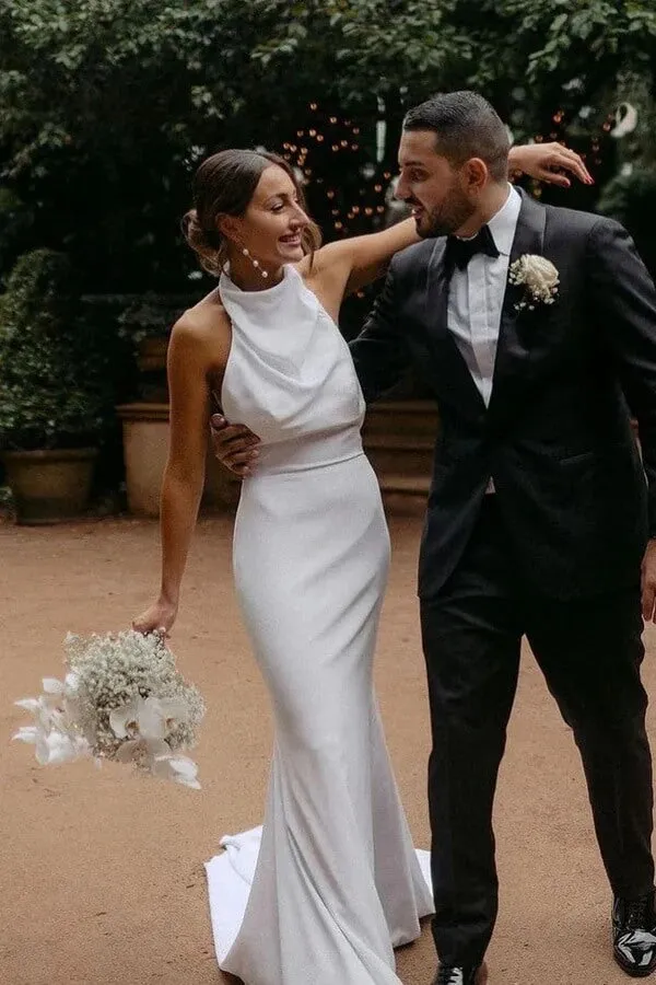 Satin Mermaid Halter Neck Backless Modest Simple Wedding Dresses, MW1042