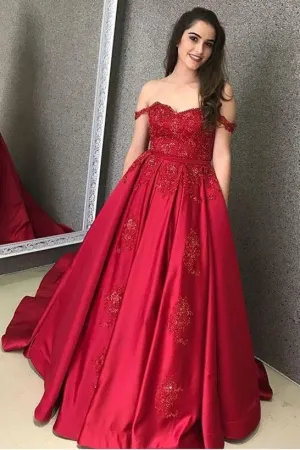 Satin Red Evening Gown with Beaded Lace Bodice