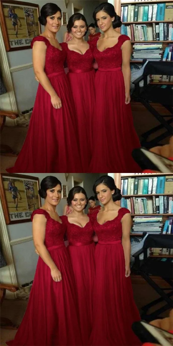 Scoop Sleeveless Long Cheap Dark Red Chiffon Bridesmaid Dresses with Appliques, QB0162