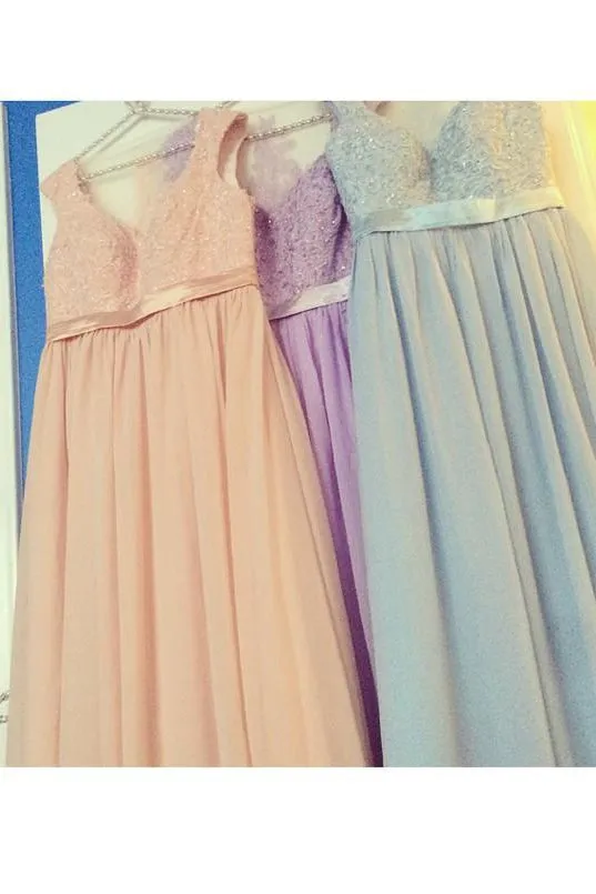 Sexy A-line V Neck Floor-length Chiffon Sleeveless Long Bridesmaid Dresses with Sequins OHS105