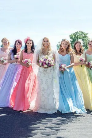 Sexy A-line V Neck Floor-length Chiffon Sleeveless Long Bridesmaid Dresses with Sequins OHS105