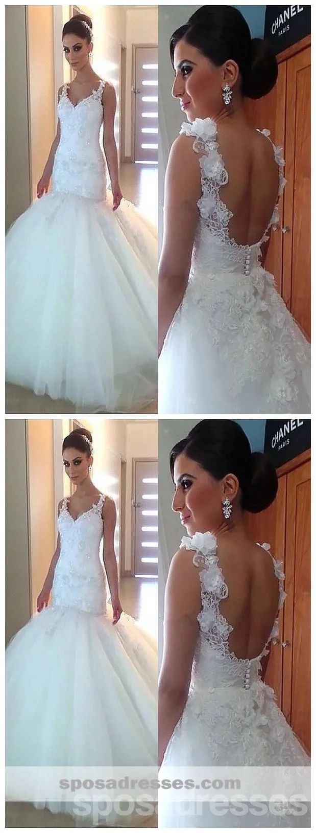 Sexy Backless Lace Straps Mermaid Wedding Dresses Online, Cheap Lace Bridal Dresses, WD450