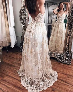 Sexy Beach Wedding Gowns Lace Appliques A Line Spaghetti Straps Backless Bohemian Bridal Gown