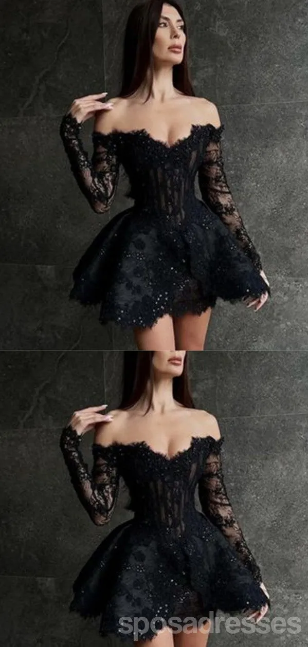 Sexy Black A-line Off Shoulder Long Sleeves Mini Short Prom Homecoming Dresses,CM981