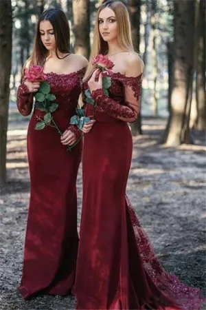 Sexy Cheap Long Sleeve Lace Burgundy Bridesmaid Dresses