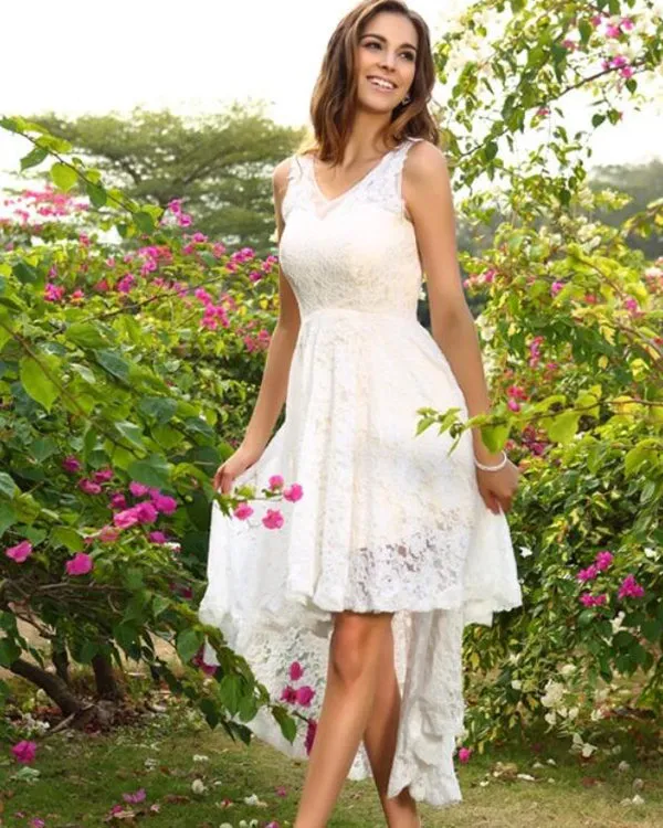 Sexy High Low Lace Wedding Dress with V-Neckline Elegant Lace Bridal Wedding Gowns