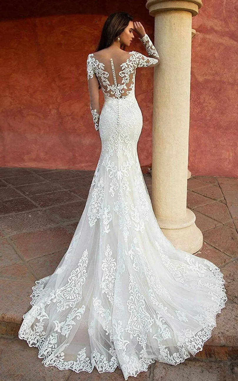 Sexy Mermaid Lace Tulle Long Sleeve Wedding Dress Country Garden Elegant Romantic Bateau Neck Sweep Train-716816