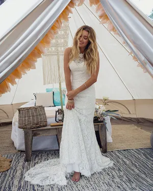 Sexy Mermaid Lace Wedding Dresses 2018 Open Back Simple Wedding Gown with Chapel Train