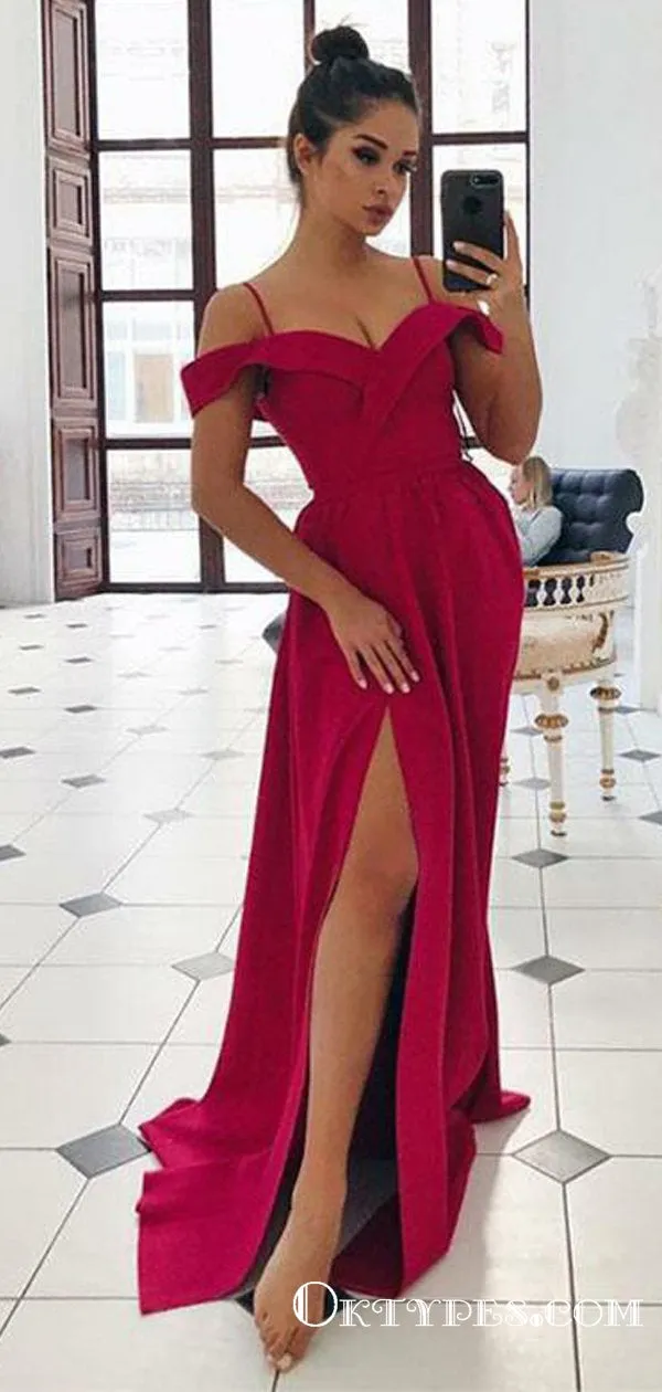 Sexy Off The Shoulder Red Long Prom Dresses With Side Slit, TYP1764
