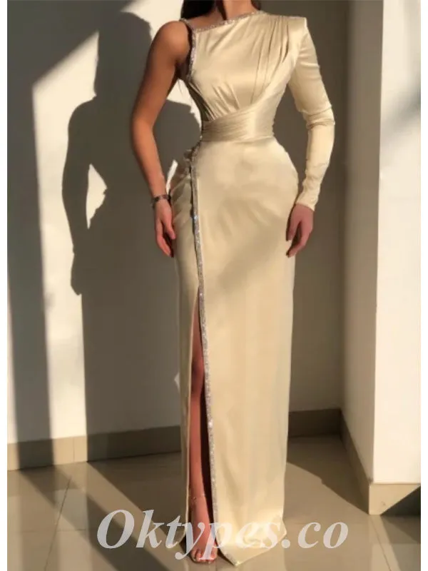 Sexy Satin One Shoulder Long Sleeve Side Slit Mermaid Long Prom Dresses,PDS0685