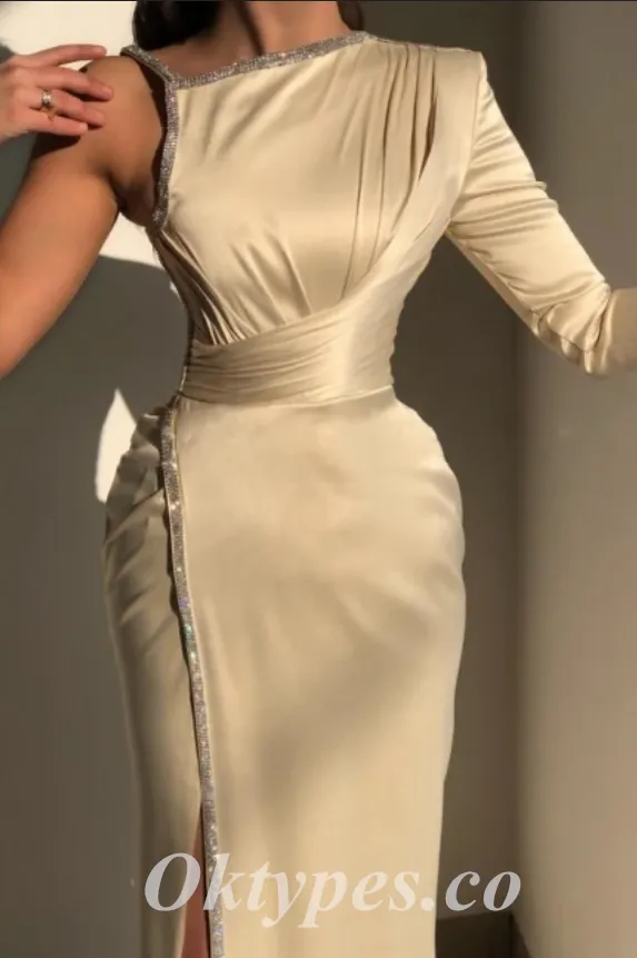 Sexy Satin One Shoulder Long Sleeve Side Slit Mermaid Long Prom Dresses,PDS0685