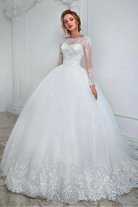 Sexy See Through Full Sleeve Lace Wedding Dresses with Appliques 2019 A-line Tulle Bridal Gowns