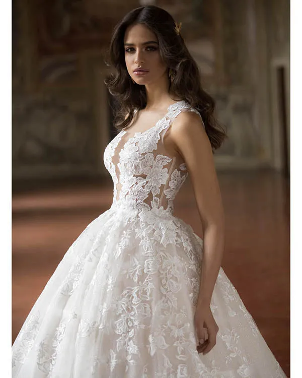 Sexy Sheer Lace Wedding Dresses Lace Appliques Deep V-Neck Tulle Bridal Ball Gowns 2020