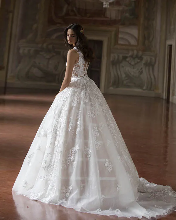 Sexy Sheer Lace Wedding Dresses Lace Appliques Deep V-Neck Tulle Bridal Ball Gowns 2020