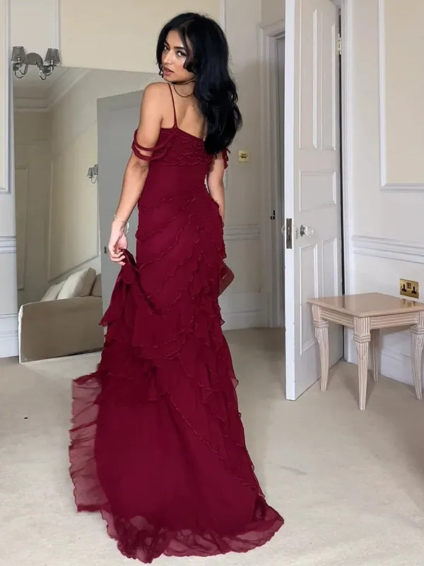 Sexy Spaghetti Strap Sleeveless Mermaid Chiffon Evening Prom Dresses Online, OLP861