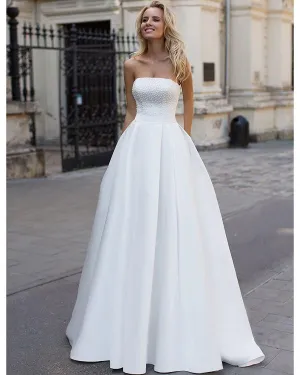 Sexy Strapless A-line Wedding Dresses with Pearls Elegant Satin Bridal Wedding Gowns 2018 Fashion