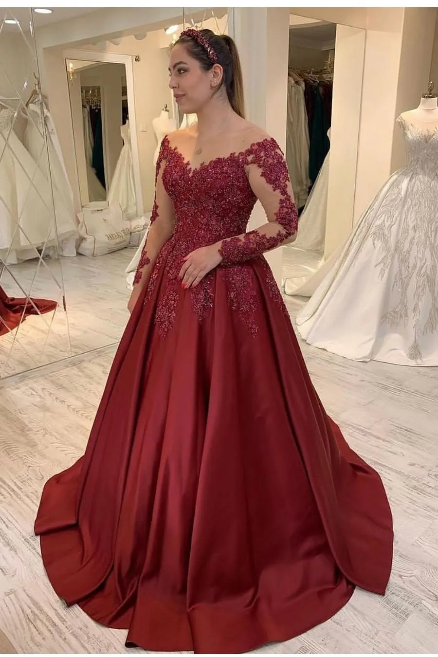 Sheer Neck Long Sleeves Evening Dresses with Satin Skirt