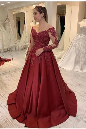 Sheer Neck Long Sleeves Evening Dresses with Satin Skirt