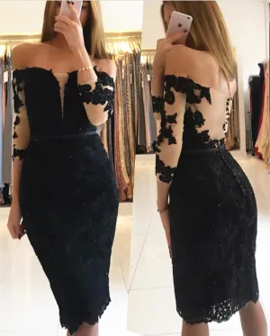 short evening dresses 2020 black lace appliqué off the shoulder modest evening gown formal dress
