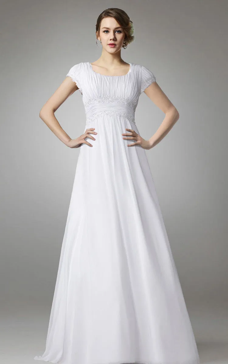 Short Sleeve Empire Chiffon Wedding Dress-HT_708810