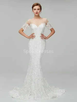 Short Sleeves Lace Mermaid Cheap Wedding Dresses Online, Cheap Bridal Dresses, WD557