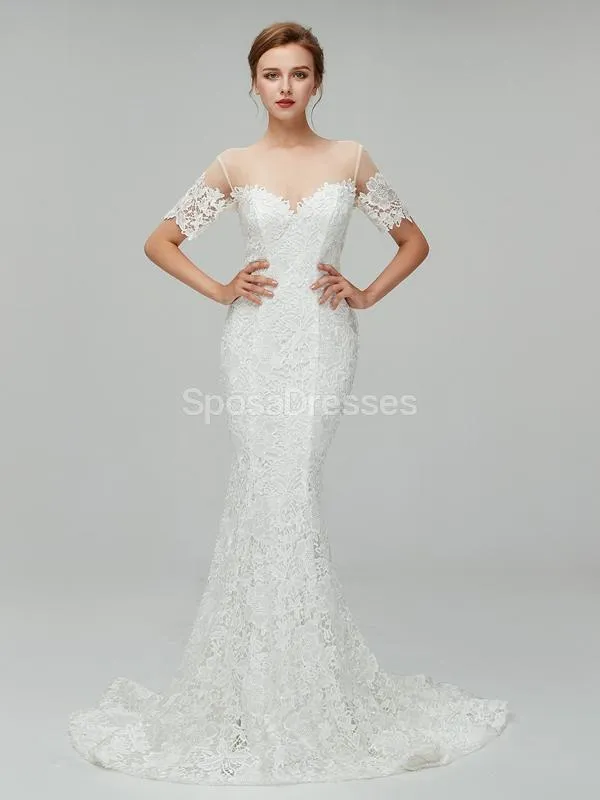Short Sleeves Lace Mermaid Cheap Wedding Dresses Online, Cheap Bridal Dresses, WD557