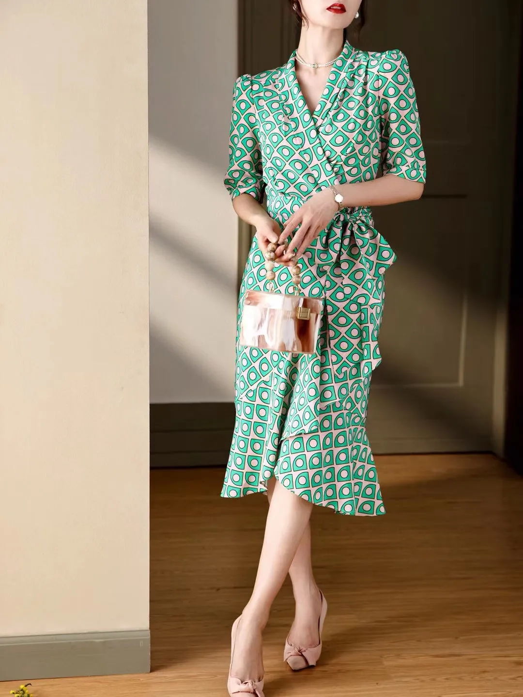 Side Belted Ruffle Silk Surplice Dress