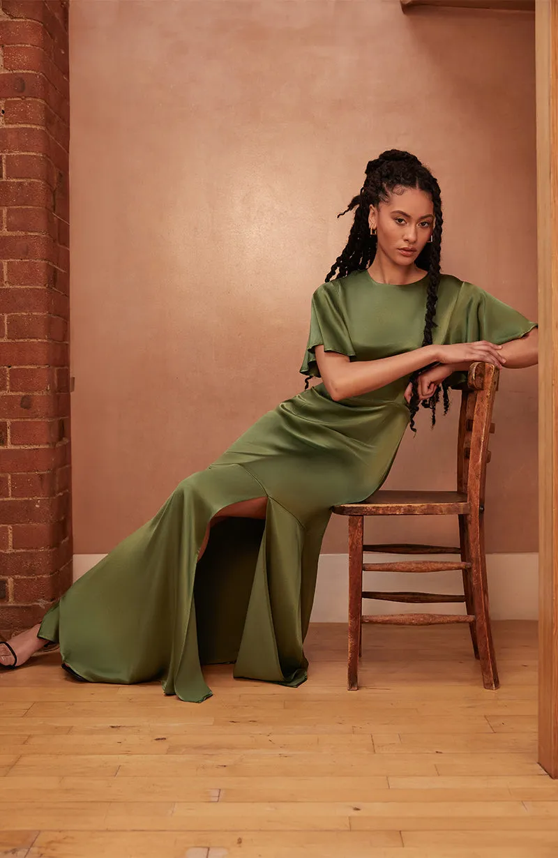 Sienna Dress in Olive Viscose Satin