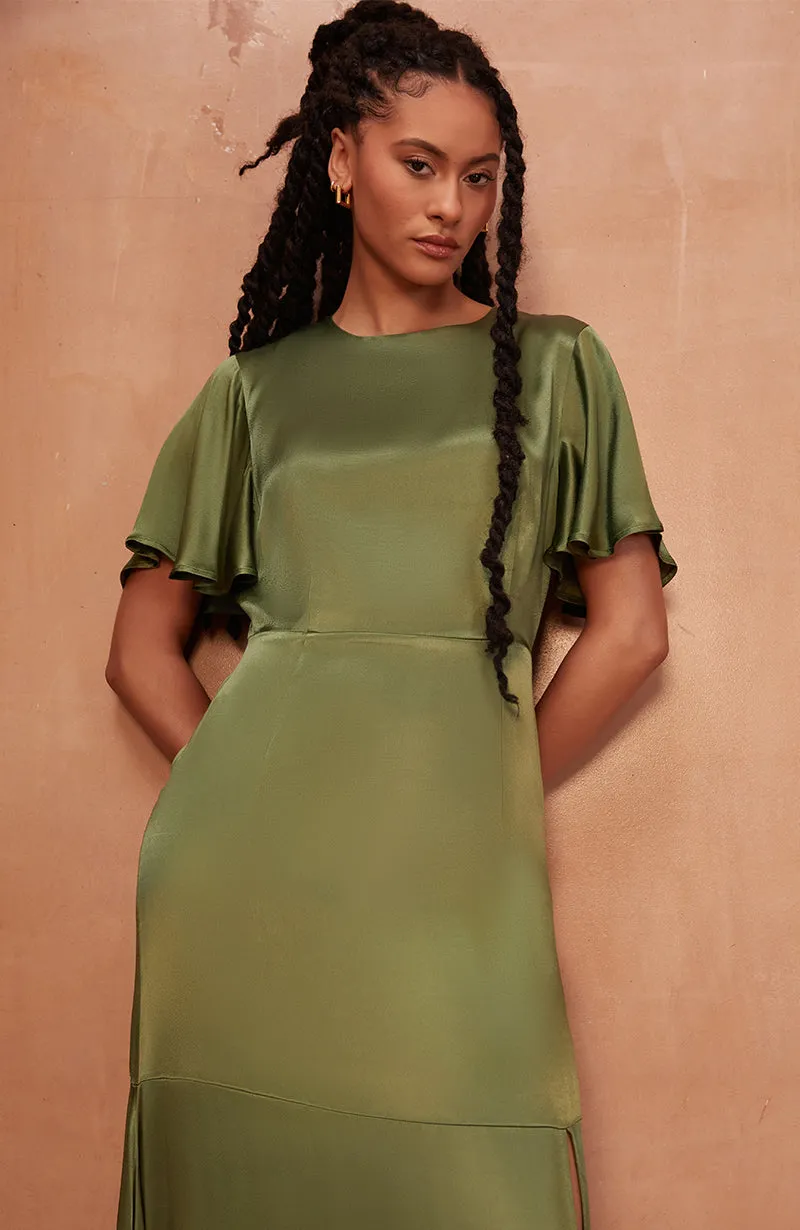 Sienna Dress in Olive Viscose Satin