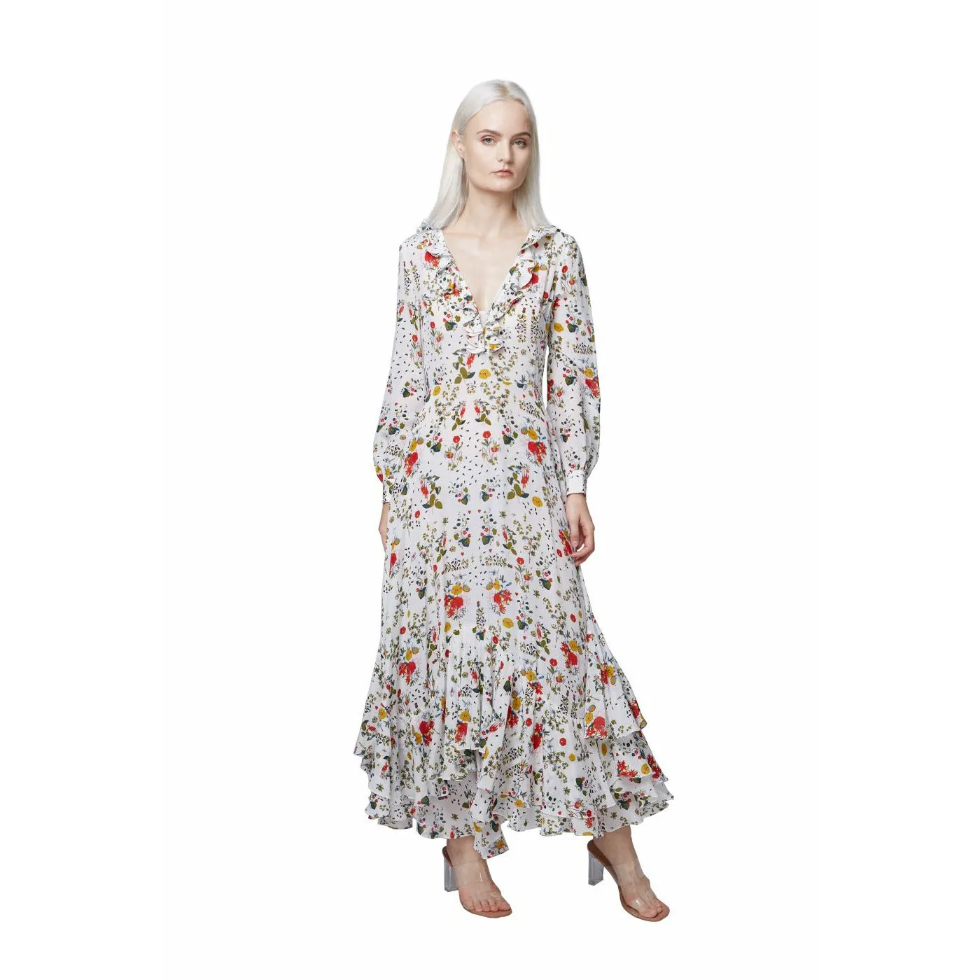 Silk Floral Ruffle Maxi Dress