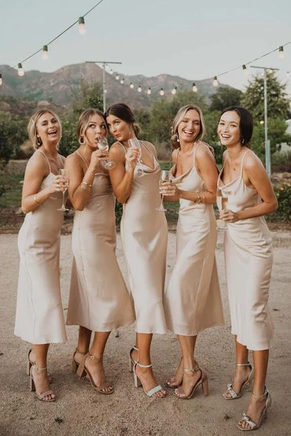 Silk Satin A-line Backless Spaghetti Straps Short Bridesmaid Dresses, MBD157