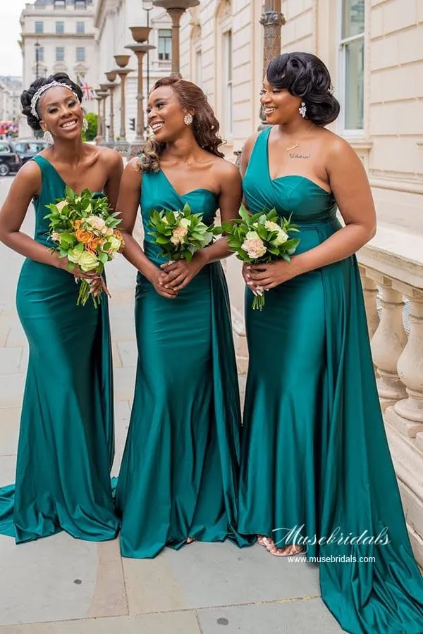Silk Satin Mermaid One Shoulder Long Bridesmaid Dresses With Train, MBD215