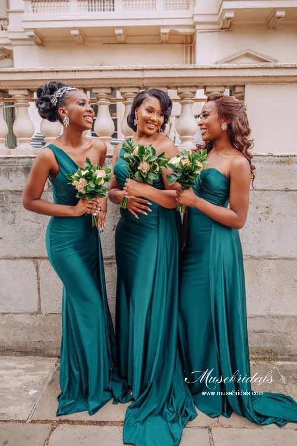 Silk Satin Mermaid One Shoulder Long Bridesmaid Dresses With Train, MBD215