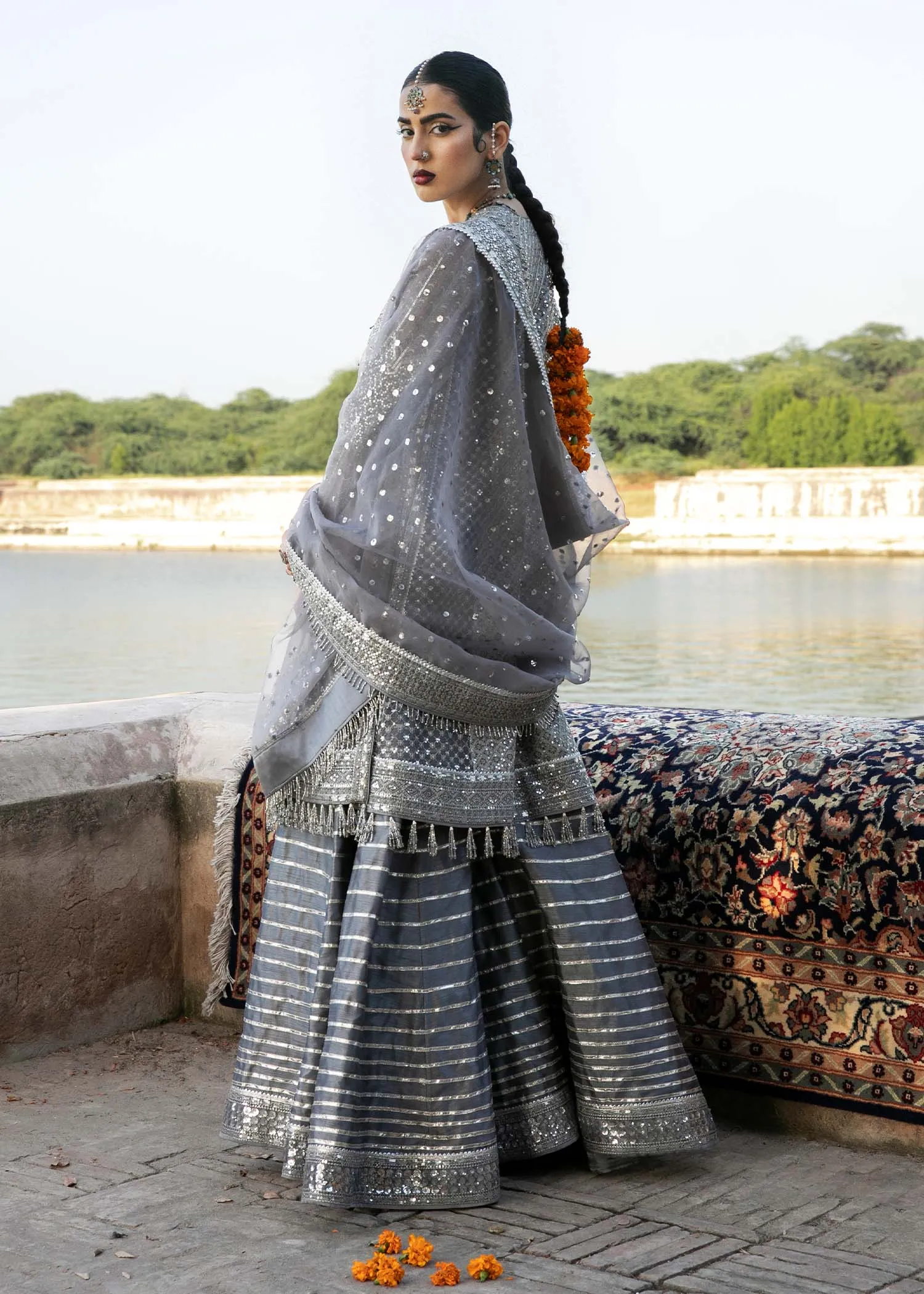 Silk Sharara with Organza Pishwas Frock and Dupatta