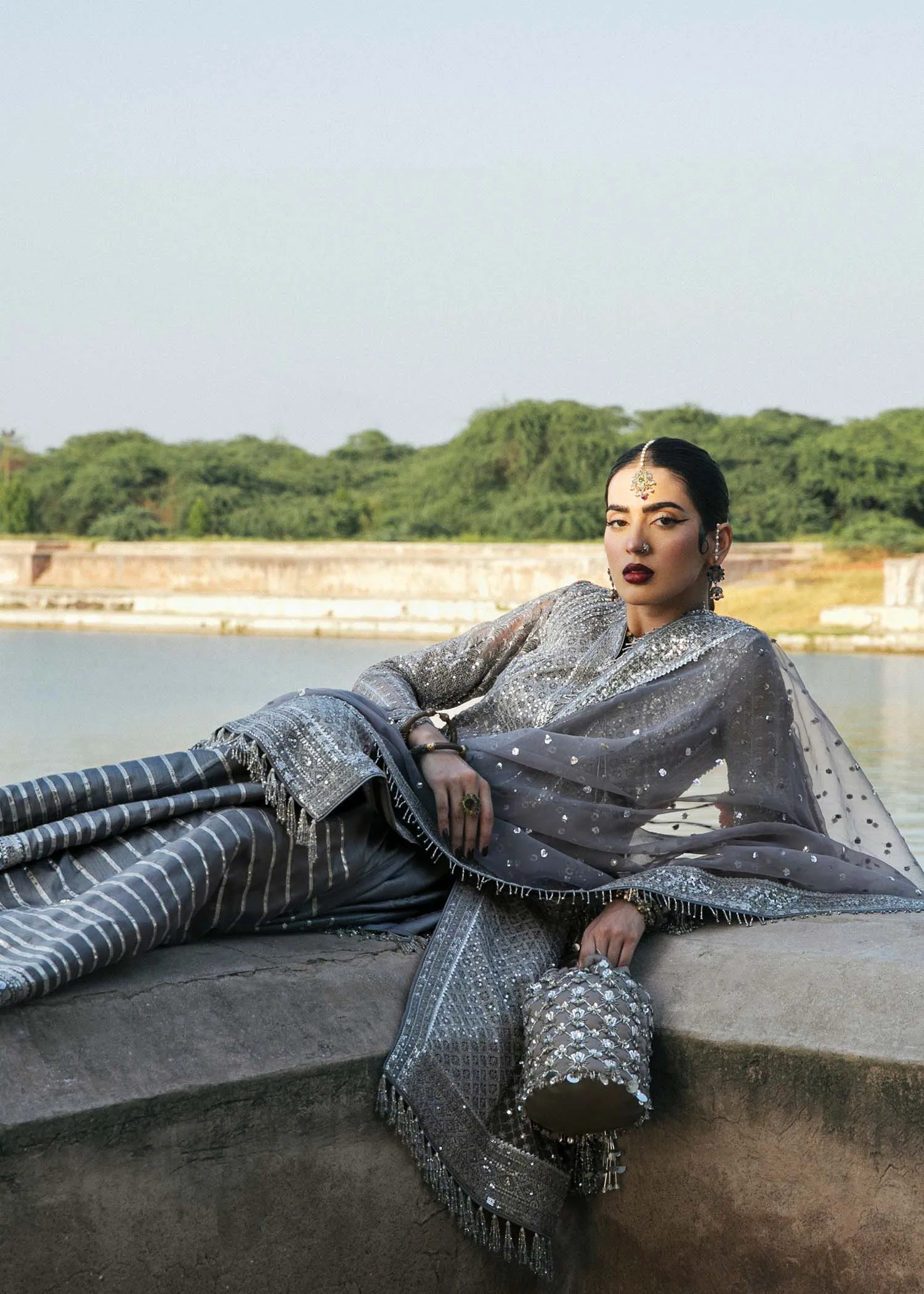 Silk Sharara with Organza Pishwas Frock and Dupatta