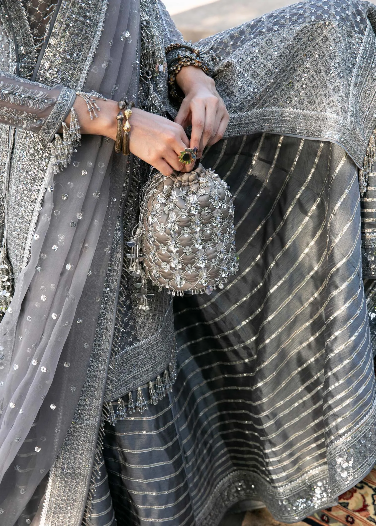 Silk Sharara with Organza Pishwas Frock and Dupatta