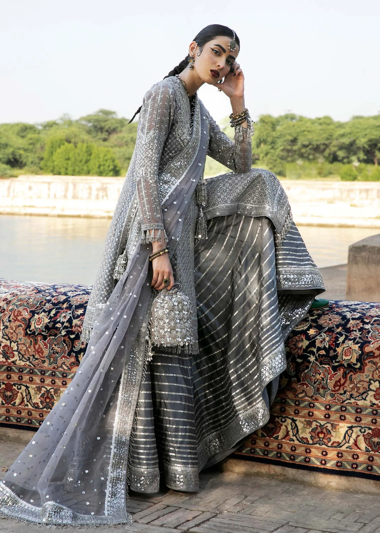 Silk Sharara with Organza Pishwas Frock and Dupatta
