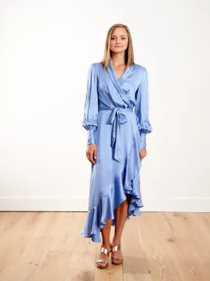silk wrap midi dress - cornflower
