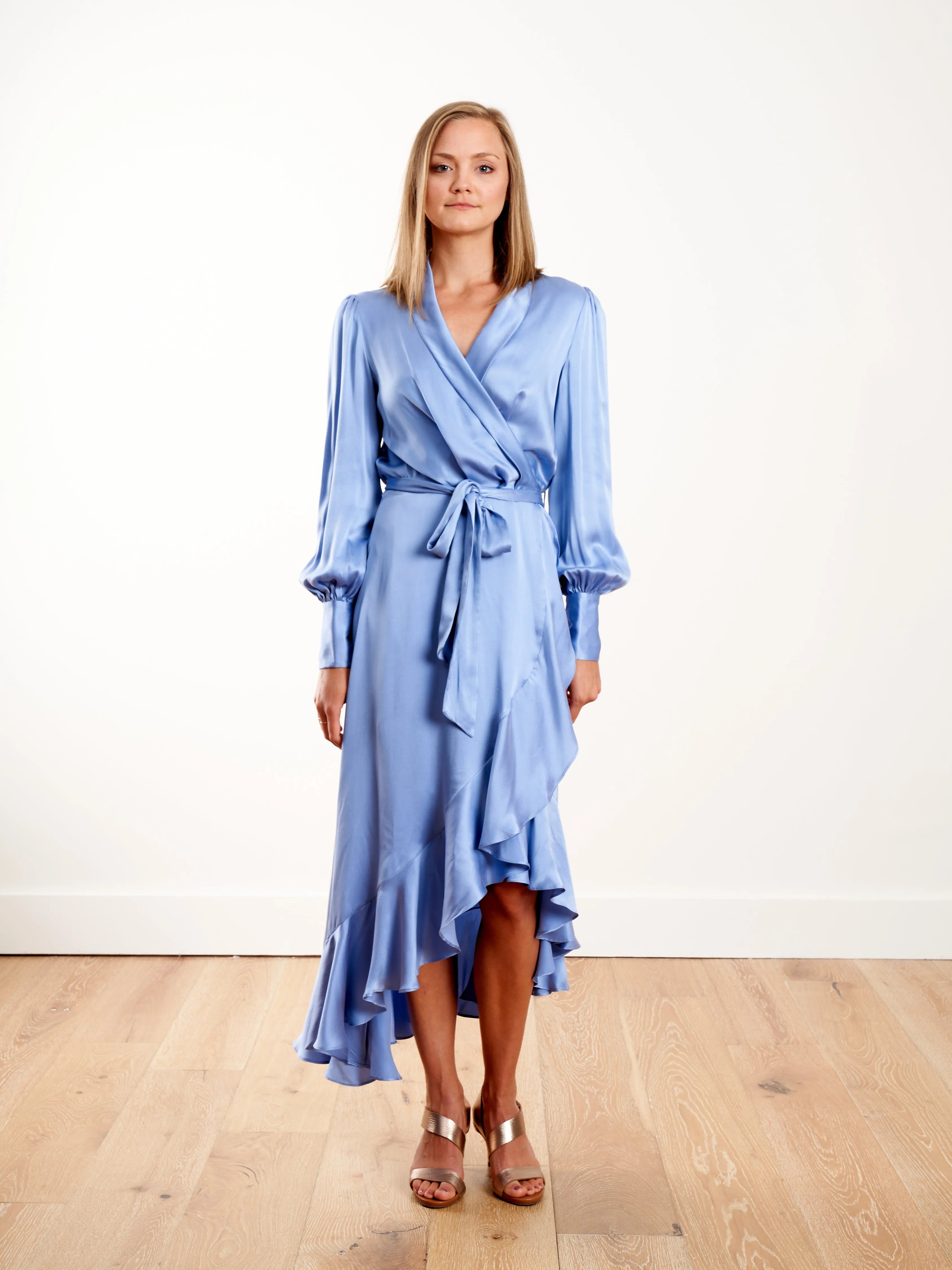 silk wrap midi dress - cornflower